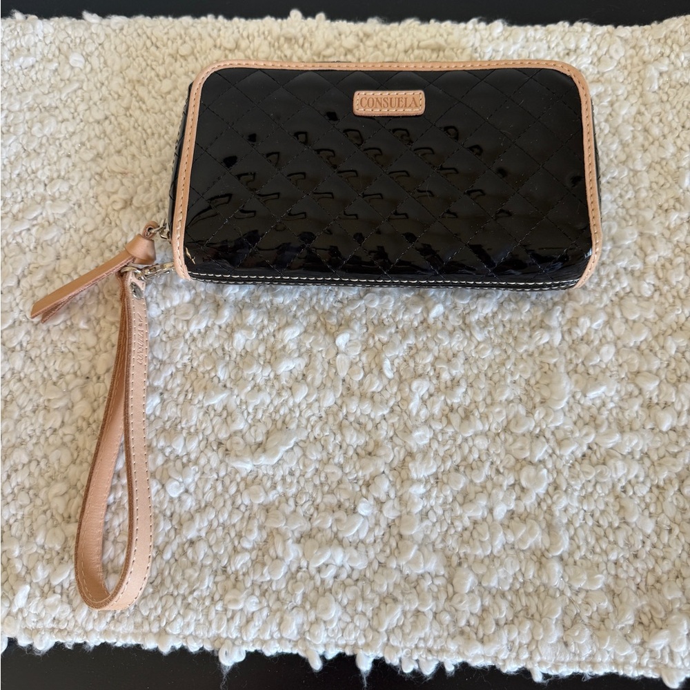 NWOT Consuela Jax Black Patent Quilted Wristlet with Tan Leather Trim and Strap